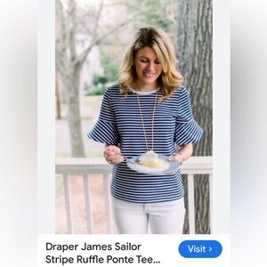 Draper James Navy and White Striped flutter sleeve shirt NWT
